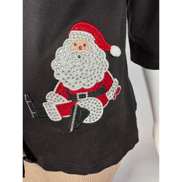 Onque Casual Vintage Skating Santa Cardigan Small Black Cotton Missing Button - Picture 2 of 16